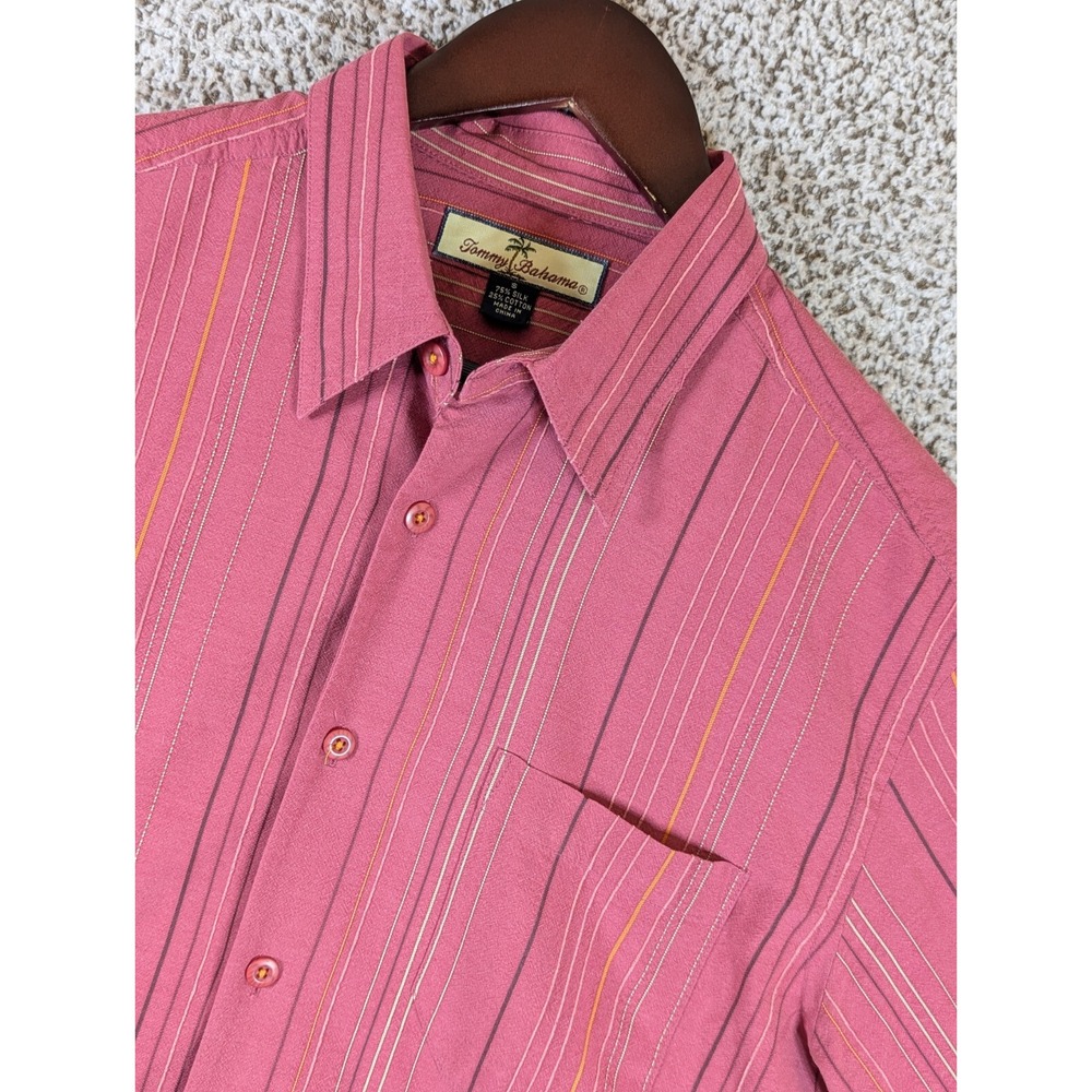 Silk Blend Tommy Bahama Button Up Shirt Men's XL Pink Striped Long Sleeve